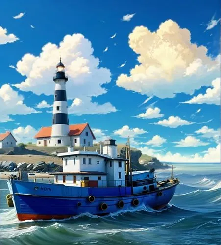 小型雲朵，分散在不同地方，其他空白處完全無雲朵,there is a boat that is floating in the ocean,yazaki,hausser,fishing boat,schoolship,kazuharu,mailboat