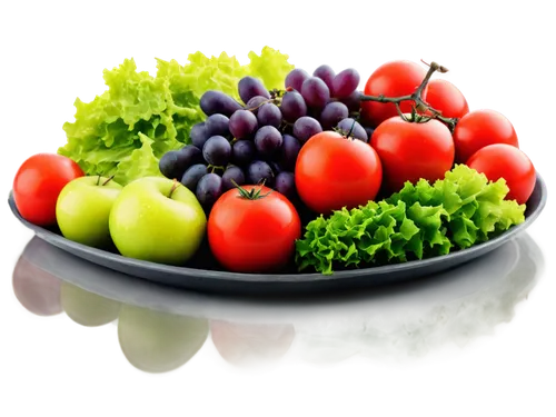 Fresh produce, colorful arrangement, vibrant fruits, juicy apples, ripe tomatoes, crisp lettuce, succulent grapes, dew drops on leaves, natural light, shallow depth of field, soft focus, warm color to