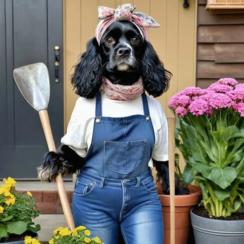 Whimsical middle-aged women, hair in a bun, scarf tied around her head like a headband, in jeans and sneakers and an old shirt, holding a shovel, looking into the camera, flower-pots all around her, a