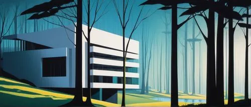 house in the forest,hejduk,corbu,art deco background,forest house,fallingwater,art deco,treehouses,lubetkin,gwathmey,depero,corbusier,blohowiak,aalto,fordlandia,neutra,cinerama,nevelson,bauhaus,savoye,Illustration,Vector,Vector 09