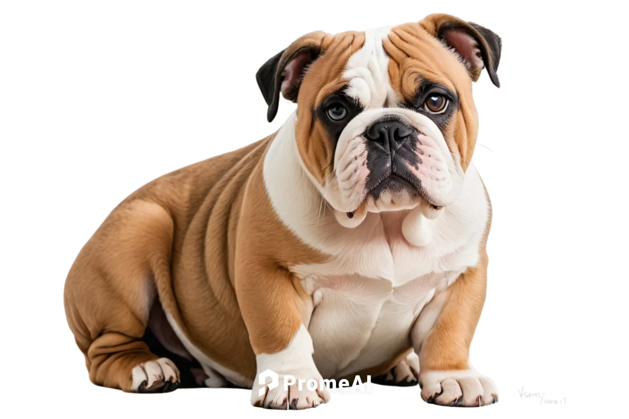 English Bulldog, pet, solo, cute face, wrinkled skin, short ears, black nose, short tail, white and brown fur, sitting, front leg bent, paws visible, soft focus, warm lighting, shallow depth of field,