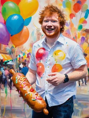 Ed Sheeran, holding a giant corn dog, casual smile, messy brown hair, blue eyes, white shirt, black jeans, sneakers, standing, outdoor food festival, afternoon sunlight, colorful balloons, festive atm