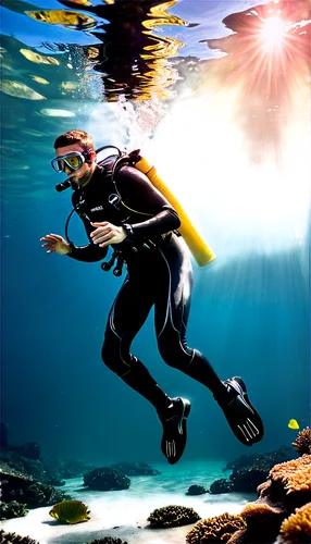 Scuba diver, underwater scene, young adult male, athletic build, muscular arms, diving gear, oxygen tank, flippers, goggles, wet suit, shiny surface reflection, sunlight filtering through water, seawe