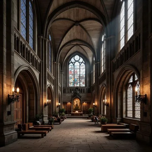 Intricate stone carvings, ribbed vaults, pointed arches, flying buttresses, grandiose entrance doors, rose windows, stained glass, ornate facades, towering spires, dramatic verticality, richly texture