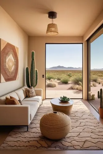 Southwest modern living room, sleek lines, earthy tones, beige walls, cream-colored sofa, geometric patterned rug, wooden coffee table with metal legs, floor-to-ceiling windows, sliding glass doors, p