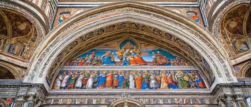 Renaissance art and architecture, ornate details, grandiose scale, Florence Cathedral, Duomo, Italy, 15th century, marble columns, intricate carvings, golden decorations, fresco ceilings, arches, dome