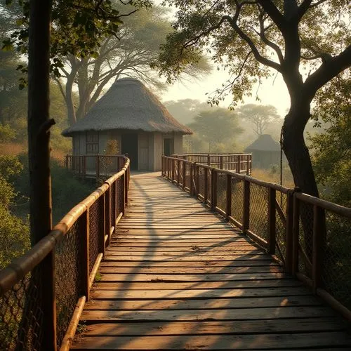 Savanna landscape, serene atmosphere, wooden bridge, curved structure, rusty metal railings, worn-out wooden planks, vines crawling on pillars, tropical trees surrounding, acacia leaves, African-style