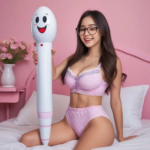 a woman wearing glasses posing next to an inflatable object,daki,pinklao,pink glasses,massager,with glasses,jogbra,Conceptual Art,Daily,Daily 27