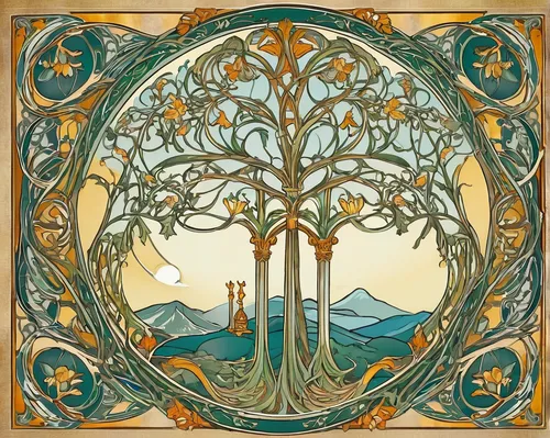 celtic tree,art nouveau frame,art nouveau design,art nouveau,art nouveau frames,the branches of the tree,tree of life,flourishing tree,the branches,fig tree,bodhi tree,orange tree,tangerine tree,stained glass,mantra om,the trees,sacred fig,sapling,branches,argan tree,Illustration,Retro,Retro 13