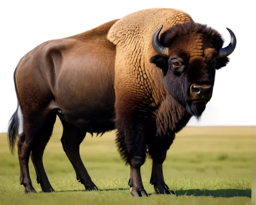 American bison, African buffalo, standing, majestic, powerful muscles, shaggy fur, curved horns, intense gaze, green grassland, sunny day, warm light, shallow depth of field, 3/4 composition, naturali