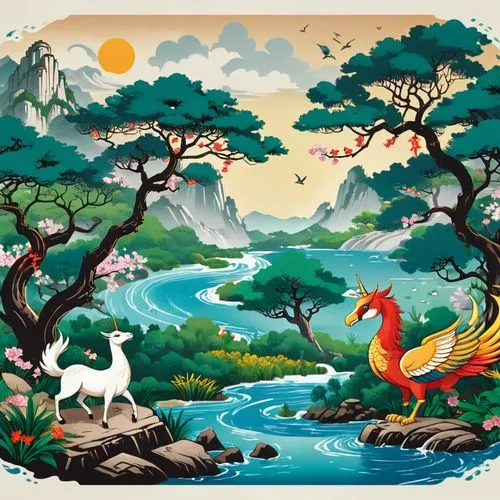 koi pond,cool woodblock images,oriental painting,japanese art,japan landscape,moomin world,Unique,Design,Sticker