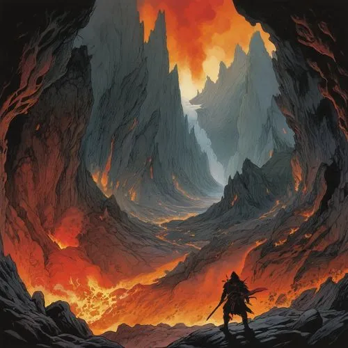 erebor,lava,fire mountain,fire in the mountains,chasm,mordor,volcanic,magma,volcanism,underdark,cirith,silmarillion,mondor,caverns,highborn,hesychasm,surtur,firelands,volcanologist,cavern,Illustration,Realistic Fantasy,Realistic Fantasy 04