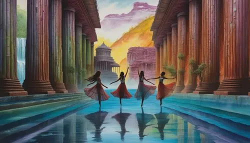 priestesses,oil painting on canvas,atlanteans,rhinemaidens,the three graces,atlantica,Illustration,Realistic Fantasy,Realistic Fantasy 25