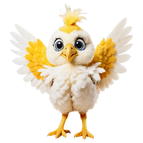 Fluffy feathers, yellow beak, big round eyes, wings spread wide, standing on one leg, farm animal, natural texture, soft lighting, shallow depth of field, warm color tone, cinematic composition, 3/4 v