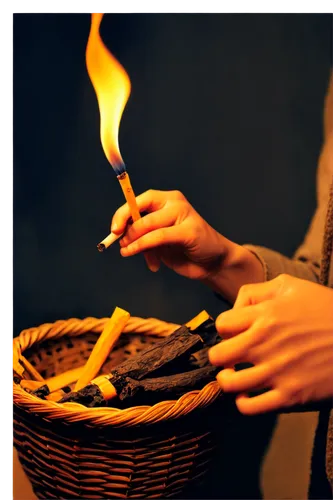 Smoking joint, close-up, hand holding, thumb and index finger, orange-yellow flame, smoke rising, embers glowing, dark brown wood texture, woven basket pattern, warm lighting, shallow depth of field, 