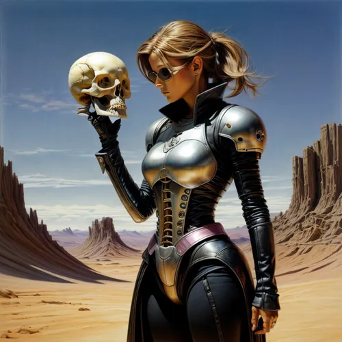 Seeing the skull  in her hand, short hair, pink robes,sci fiction illustration,skull bones,scull,metal implants,dance of death,biomechanical,skull allover,memento mori,maiden,skulls and,head woman,fem