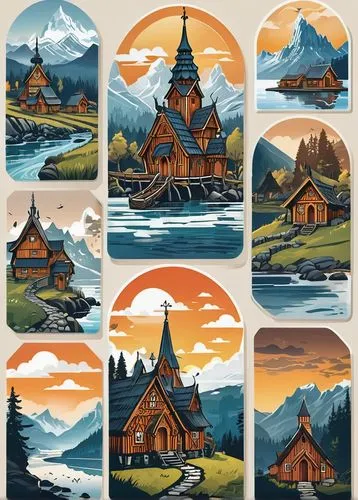 mountain huts,houses clipart,wooden houses,icelandic houses,fairy tale icons,villages,cottages,mountain village,cool woodblock images,moutains,motif,mountain settlement,icon set,boathouses,alpine village,floating huts,thumbnails,inle,houses,lighthouses,Unique,Design,Sticker