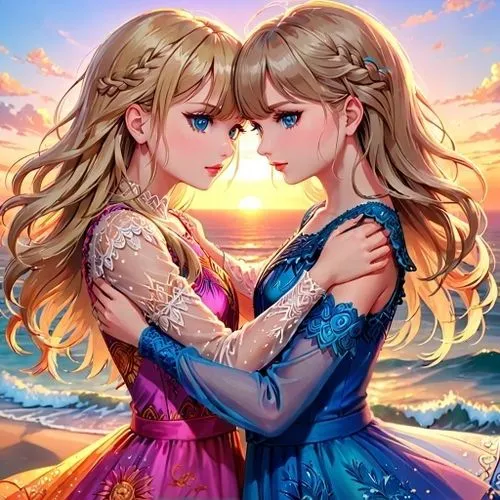 background,two girls,cg artwork,princesses,rainbow background,girl kiss,fantasy picture,beautiful photo girls,fairy tale,romantic portrait,two hearts,background image,serenade,sisters,together,hands h