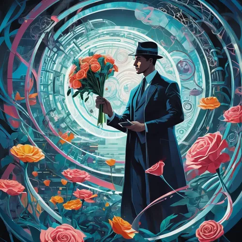 conductor,bond,magician,way of the roses,transistor,sci fiction illustration,biologist,aqueous,blue rose,spy-glass,cosmos,dr. manhattan,fish-surgeon,random access memory,clockwork,watchmaker,pandemic,with a bouquet of flowers,holding flowers,with roses,Conceptual Art,Sci-Fi,Sci-Fi 24