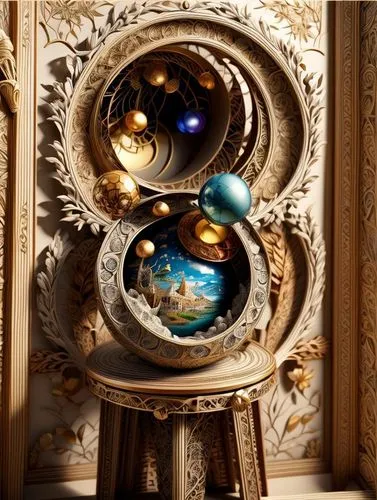 orrery,astronomical clock,ornate pocket watch,crystal ball-photography,globes,snowglobes,armillary sphere,crystal ball,christmas globe,terrestrial globe,snow globes,world clock,frame ornaments,grandfather clock,glass sphere,harmonia macrocosmica,clockmaker,quartz clock,spheres,decorative art