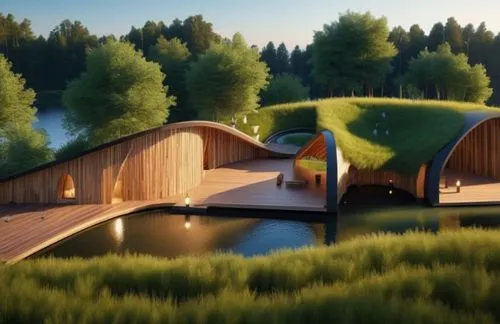 meditation area, wood material wall, ground wood, roof grass, open space, in front is a lake, behind is a forest, with many large trees, 3 o'clock afternoon daylight, realistic rendering,wooden bridge