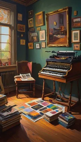 oil painting, still life, ornate frame, dim studio, single spotlight, classical music, brushes scattered, palette with vibrant colors, canvas on easel, artistic messy desk, wooden floor, old fashioned