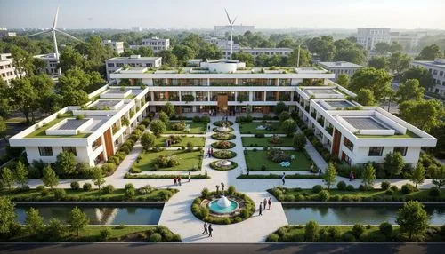 Eco-friendly hospital building, lush green roofs, solar panels, wind turbines, rainwater harvesting systems, natural ventilation, large windows, abundant daylight, non-toxic materials, recycled conten