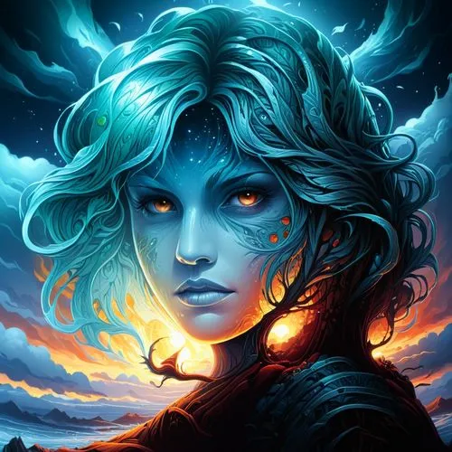 a painting of a woman with flowing hair,ciri,fantasy portrait,blue enchantress,fantasy art,cirta,behenna,Illustration,Realistic Fantasy,Realistic Fantasy 25