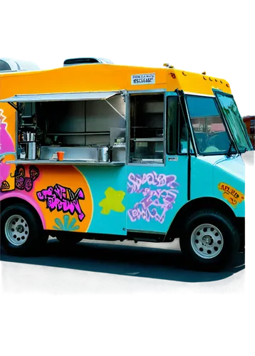 Food truck, colorful graffiti, shiny metal body, serving window, menu board, bright lights, wheels, exhaust pipe, street food style, vibrant colors, sunny day, afternoon lighting, low-angle shot, 3/4 