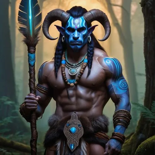 Draenei Shaman, male, muscular, strong jawline, braided hair, feather accessories, tribal tattoos, fur loincloth, holding a staff, standing, powerful posture, misty forest, ancient trees, glowing mush