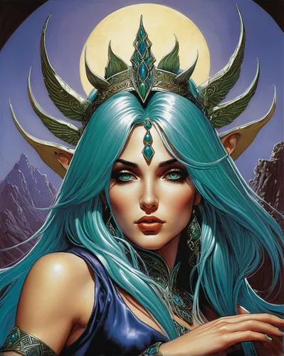 blue enchantress,fantasy portrait,medusa,sorceress,zodiac sign libra,fantasy art,priestess,fantasy woman,the enchantress,horn of amaltheia,medusa gorgon,horoscope libra,celtic queen,heroic fantasy,the zodiac sign pisces,artemisia,cybele,cassiopeia,queen of the night,portrait background,Illustration,American Style,American Style 07