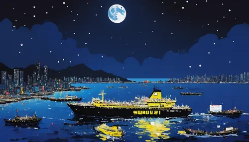 sewol ferry,sewol ferry disaster,sailing blue yellow,waterglobe,sea fantasy,shipping industry,mid-autumn festival,night scene,busan night scene,ship traffic jams,sea night,arnold maersk,ship traffic jam,japan's three great night views,moonlit night,panamax,monkey island,ocean liner,hong kong,tugboat,Conceptual Art,Oil color,Oil Color 07