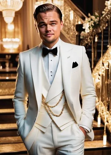 great gatsby,gatsby,billionaire,wedding suit,suit actor,oscars,the suit,leonardo,james bond,the groom,men's suit,suit of spades,aristocrat,formal guy,ceo,roaring 20's,a black man on a suit,groom,bond,vanity fair,Illustration,Japanese style,Japanese Style 09