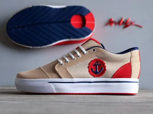 Canvas sneaker, "canvas patch  with embossed anchor" on vamp, all tan  with red and navy color scheme, "red toe cap", "white sole "with "red bottom" trim,Canvas boat shoe tan,etnies,forces,superga,tom