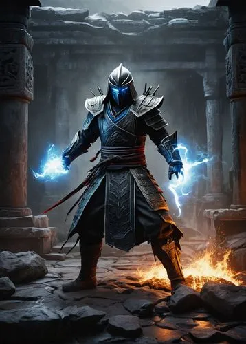 Scorched earth, ancient temple ruins, dark mystical aura, Shang Tsung, Sub-Zero, Scorpion, Raiden, Kano, brutal fight scene, intense dramatic lighting, misty fog, worn stone walls, mysterious artifact