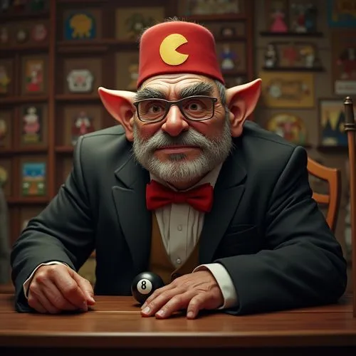 Photo realistic detailed muscular grumpy with hair wrinkled old shaved man with thick eyebrows with big square jaw and square chin with big nose and big ears in a red Shriner fez with golden Pac man l