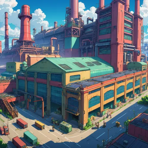 factories,industrial landscape,industrial plant,refinery,industrial area,factory ship,factory bricks,industrial building,heavy water factory,shipyard,chemical plant,industrial ruin,industries,ship yard,industrial hall,factory chimney,industry,factory,sewing factory,industrial,Illustration,Japanese style,Japanese Style 03