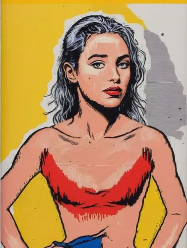 Cover girl the Roy Lichtenstein way.,a close up view of a painting of a girl with gray hair and red ,pop art woman,pop art style,roy lichtenstein,cool pop art,pop art girl,modern pop art,Illustration,