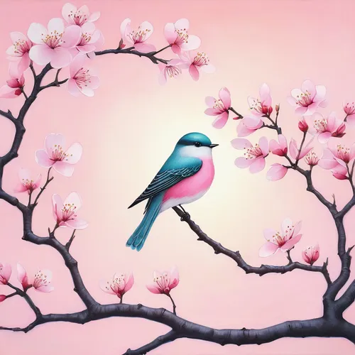 blue birds and blossom,flower and bird illustration,bird painting,spring bird,japanese sakura background,spring background,bird flower,birds on a branch,bird on branch,spring leaf background,springtime background,birds on branch,bird on tree,floral and bird frame,spring blossom,bird on the tree,japanese floral background,pink robin,bird in tree,flower background,Illustration,Abstract Fantasy,Abstract Fantasy 17