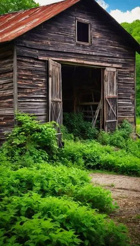 Rustic architectural salvage yard, Pennsylvania countryside, old wooden barn, weathered metal roofs, vintage windows, distressed brick walls, worn stone pathways, lush greenery overgrowth, abandoned i