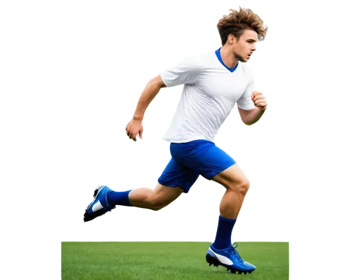 Soccer player, athletic male, dynamic pose, running, kicking ball, green grass, stadium background, shiny sweat, messy hair, determined facial expression, white jersey, blue shorts, black cleats, musc