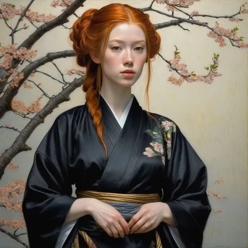 Young ginger Woman with frekles,wearing a Black yukata.,japanese woman,japanese ginger,ikebana,japanese cherry,ginger blossom,geisha,japanese art,geisha girl,portrait of a girl,orange blossom,mukimono