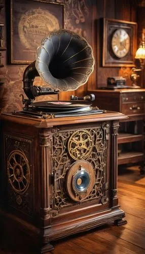 Vintage phonograph, 1920s style, ornate wooden cabinet, intricate carvings, golden accents, rounded horn speaker, old records stacked nearby, dimly lit room, nostalgic atmosphere, warm tone lighting, 