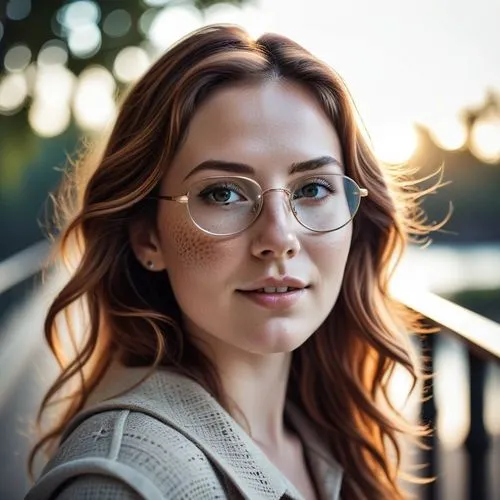 a beautiful young woman wearing glasses at the sunset,with glasses,glasses,silver framed glasses,nabiullina,heinzmann,red green glasses