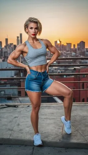 Muscular woman, hot, fitness model, athletic build, toned arms, strong legs, six-pack abs, short blonde hair, bold eyebrows, bright red lipstick, sleeveless tank top, high-waisted denim shorts, sneake