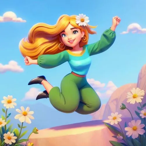 a girl is leaping in the air near flowers,eilonwy,thumbelina,rosa 'the fairy,tink,cartoon flower,flying girl,Common,Common,Cartoon