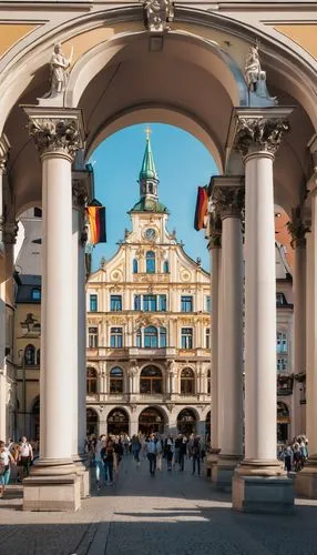 Munich architecture, Neoclassical style, grand scale, detailed ornaments, intricate stone carvings, tall columns, arched windows, ornate facades, vibrant frescoes, Bavarian flags, Gothic spires, city 