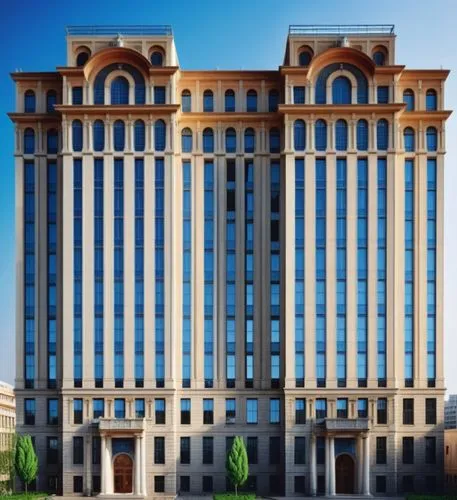 an exterior of a large, modern building with tall windows and many balconies,largest hotel in dubai,rotana,kempinski,mgimo,stalin skyscraper,habtoor