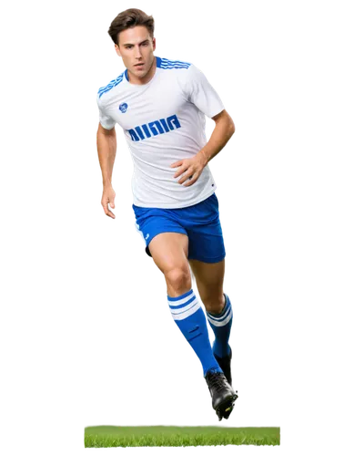 male soccer player, athletic body, muscular legs, white jersey, blue shorts, black cleats, sweaty face, intense expression, running motion, dynamic pose, green grass background, shallow depth of field