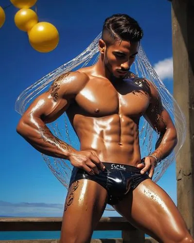 a male bodybud in his underwear with balloons behind him,goncharov,topher,oiled,dawid,brazilian athlete,songkran